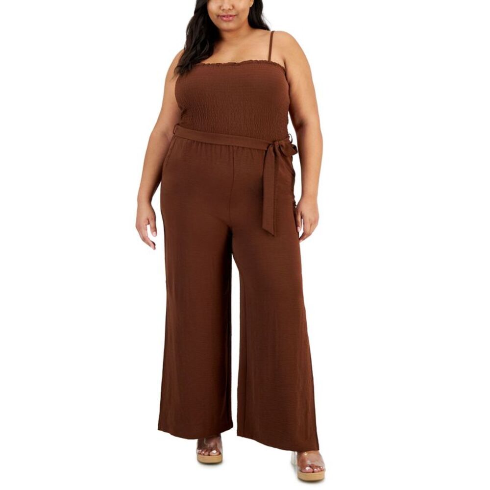 Plus Size Smocked Tie-Waist Slit-Leg Jumpsuit